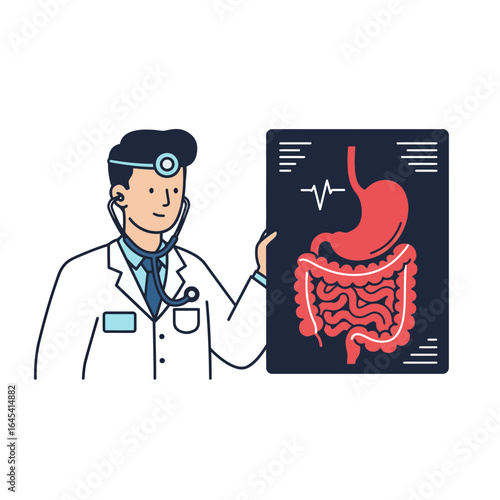 Medical Professional: A skilled doctor is seen with a diagnostic illustration of the human digestive system.