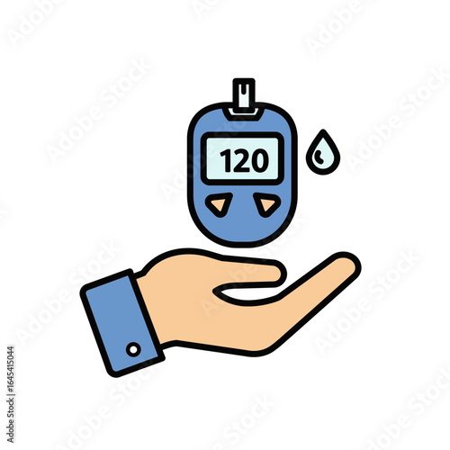 Glucose Monitoring Icon: An illustrative medical icon depicting a blood glucose meter held gently in a hand, symbolizing health monitoring and care, ideal for medical and wellness applications.