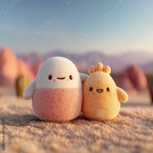 Two Cute Plush Toys Smiling in Desert Sunset