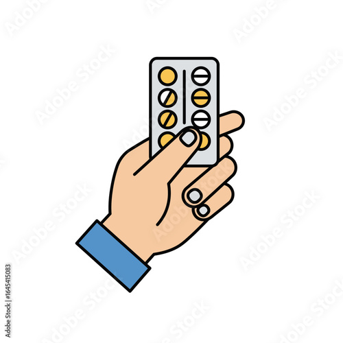 Medication in hand: Illustration of a hand holding a blister pack of pills, emphasizing the importance of healthcare.