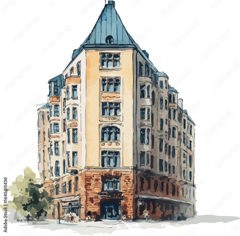 Obraz premium Minimalist architectural watercolor of a modern building in simple artistic form - vector illustration