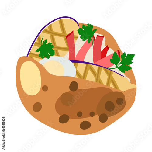 Sabich. Ingredients and final meal. Vector simple color flat illustration.