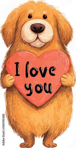 Charming watercolor golden retriever with a heart and sweet I love you sentiment - vector illustration