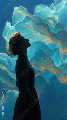 Woman Silhouetted Against Abstract Blue and Gold Aurora