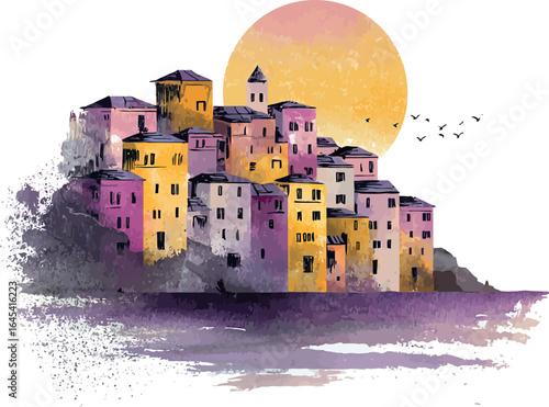 Colorful watercolor depiction of Italian Riviera with charming houses along a serene ocean shore - vector illustration