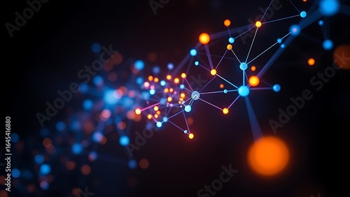 Abstract network of glowing nodes and connections in blue and orange floating in space.