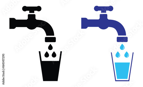 drinking water icon. faucet tap with drinking water glass icon. mineral water, clean water and drop water sign symbol vector illustration isolate on transparent background