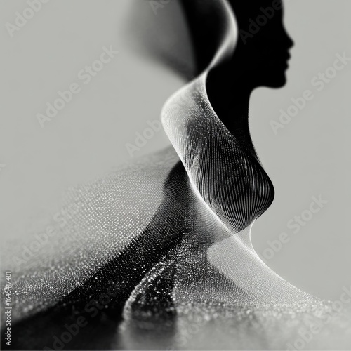 Abstract Woman Silhouette in Flowing Grey and Black Wave Dress