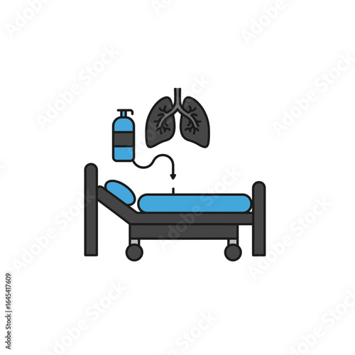 Oxygen therapy and Lung Treatment: An illustration of a patient bed, oxygen tank, and lung symbol, depicting oxygen therapy and lung treatment.