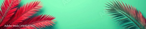 Highly stylized ruby red palm leaves on a seafoam green Surreal pop art aesthetic , artwork, red, poster