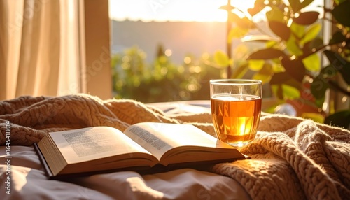 Cozy reading nook with open book, tea, and warm sunlight streaming through the window