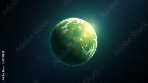Lush green planet floating in space with a glowing atmosphere, depicting cosmic beauty.