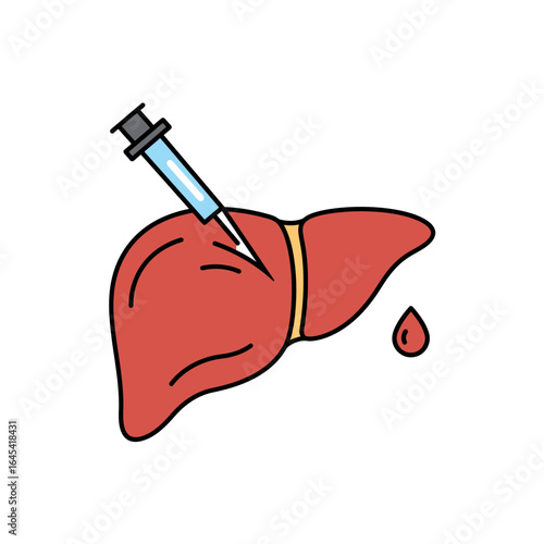 Liver Injection Illustration: A precise medical illustration depicts a syringe injecting a needle into a stylized, healthy liver, possibly indicating treatment or medication delivery.