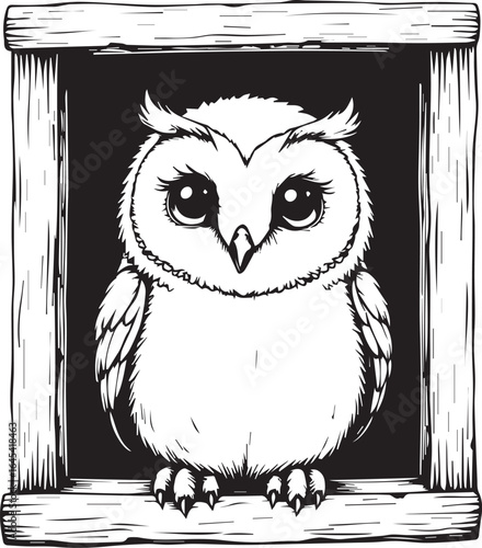 Silent Guardian in a Wooden Frame: An adorable, wide-eyed owl is captured within a detailed wooden frame, its innocent gaze captivating the viewer with the artful elegance of grayscale illustration.
