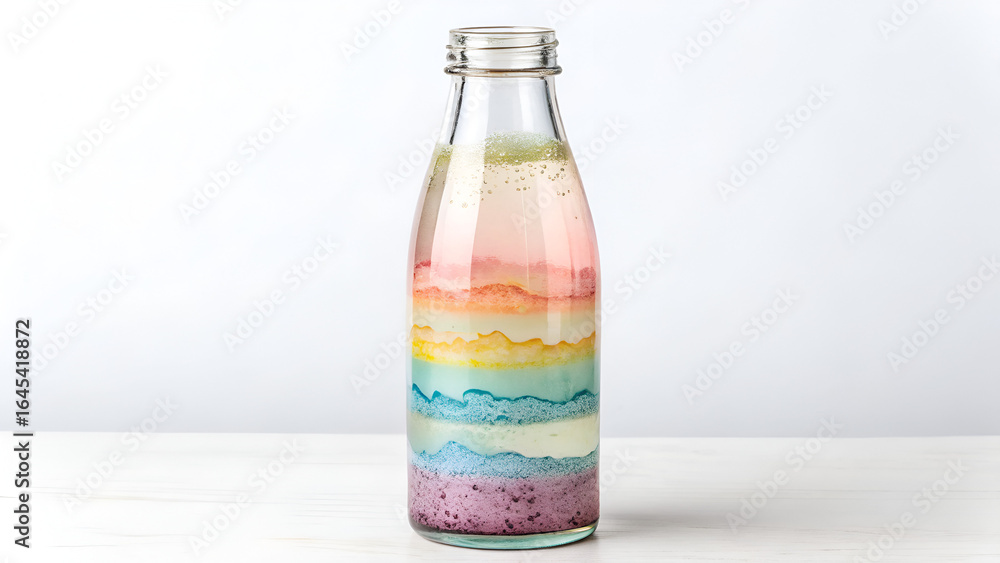 Obraz premium Glass bottle with pastel liquid layers, clean white background, reflection detail