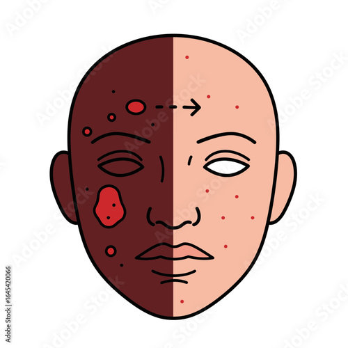 Skin Irritation: A stark illustration depicts a face bisected, showcasing a transition from irritated to clearer skin, offering a visual representation of skin health issues.