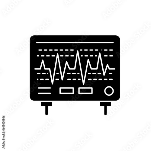 Cardiogram Device Silhouette: A stark black silhouette of a cardiogram machine, its screen displaying a dynamic, fluctuating heart rhythm, a representation of the inner workings of the human heart.