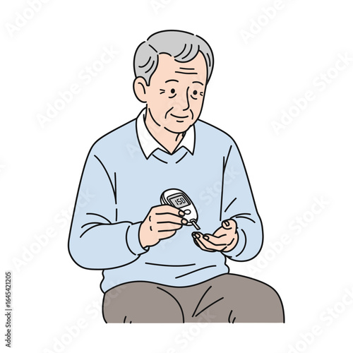 Blood Sugar Test: An elderly person attentively monitors his blood glucose level, using a glucometer device to test his blood sugar. Emphasizing health and wellness.