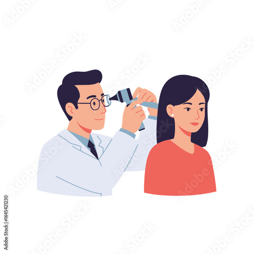 Medical Examination: A doctor examines a patient's ear with a diagnostic tool, illustrating the core of healthcare and patient well-being. 