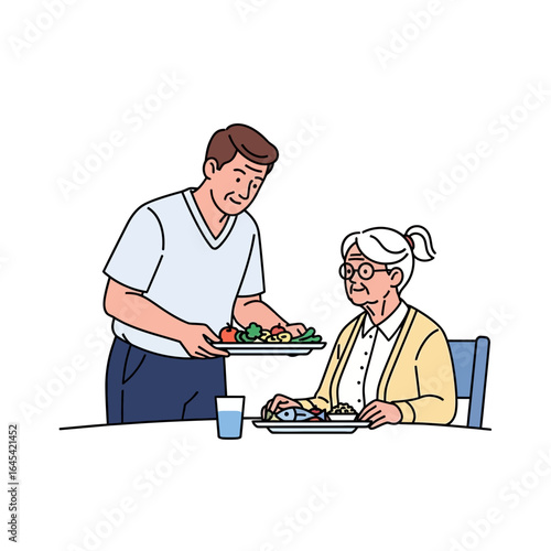 Caring meal service: A scene of kindness unfolds as a caregiver serves a nutritious plate to an elderly individual, representing compassion and support within a healthcare setting.