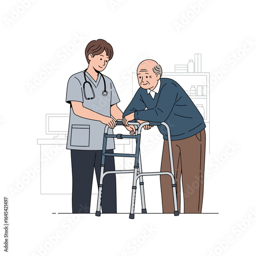 Caring Support: A healthcare professional assists a senior citizen with a walker in a supportive gesture, the illustration aims to showcase compassionate care in a medical setting.