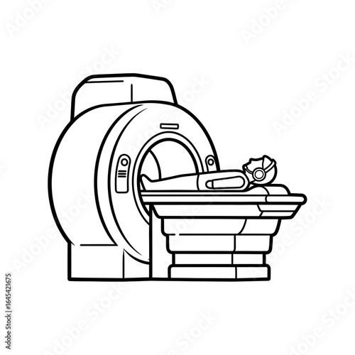 MRI Scan Scene: A person undergoing an Magnetic Resonance Imaging scan. Detailed grayscale illustration of the medical procedure.