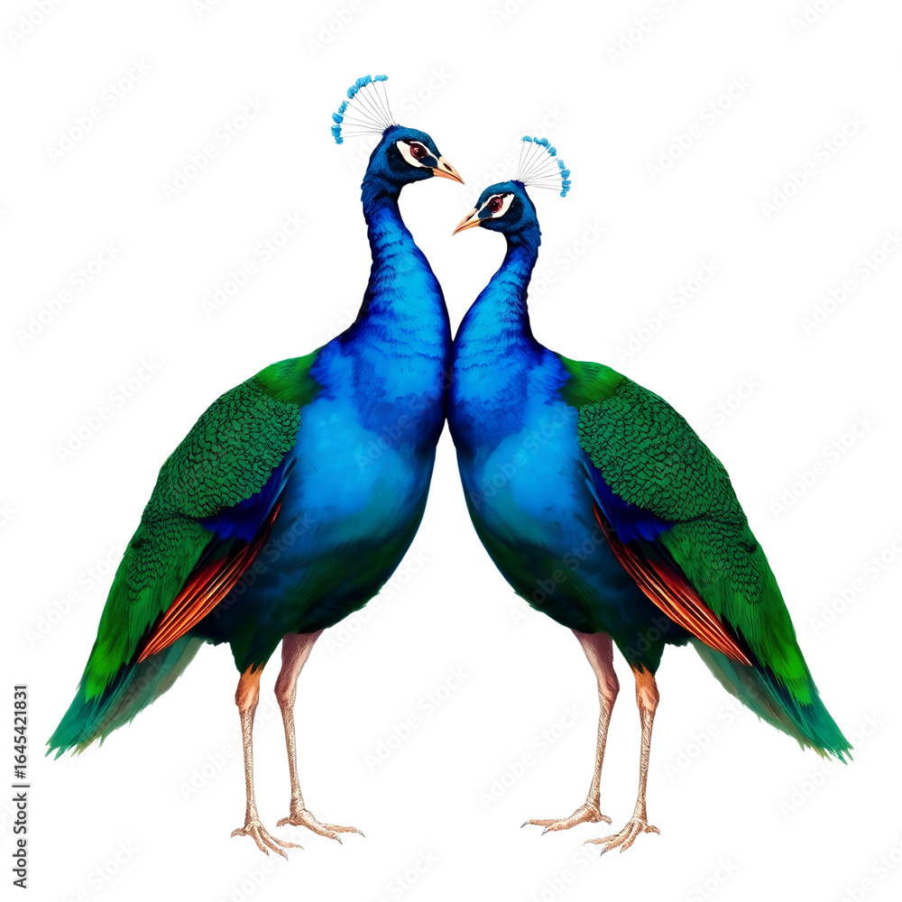 Obraz premium Photo of two peacocks standing isolated on transparent background