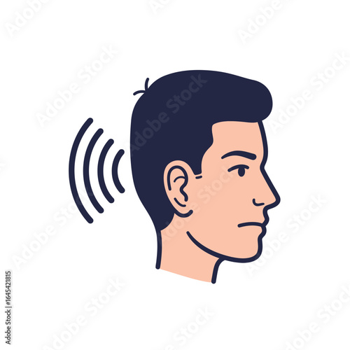 Auditory Perception: A minimalist line art illustration of a man with sound waves emanating from his ear. The image suggests listening, sound and perception.