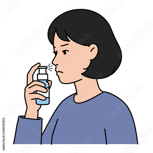 Nasal Spray Usage Illustration: A person carefully administers nasal spray. The focus is on healthcare and wellbeing. 