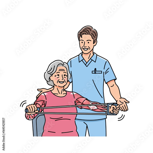Therapy of The senior lady and the male therapist: A physiotherapist assists an older lady in her rehabilitation routine, the image captures the therapeutic embrace of care and recovery.