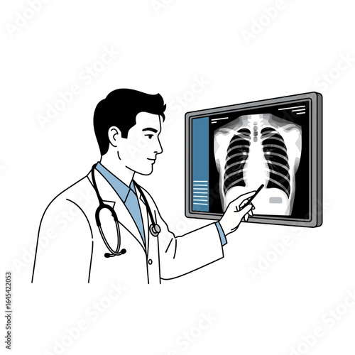 Doctor Examining X-Ray: A dedicated doctor, with a stethoscope draped around their neck, carefully examines an X-ray of a chest, focusing on the details.