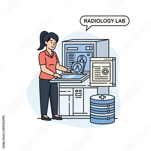 Radiology Lab: A dedicated radiologist focuses intently at a computerized workstation, a state-of-the-art setup emblematic of technological advancement and medical precision.