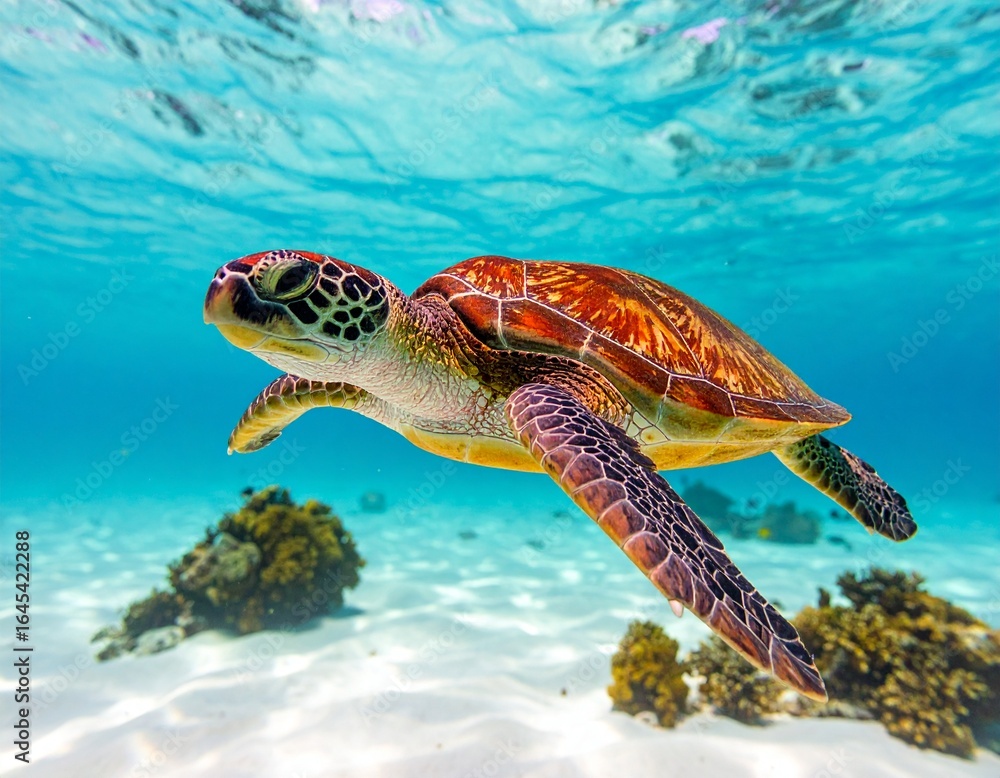 Obraz premium Sea turtle gliding through turquoise waters, sunlight streaming from surface,