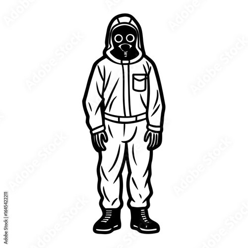 Vector art of person wearing a full hazmat suit and gas mask, isolated on white background