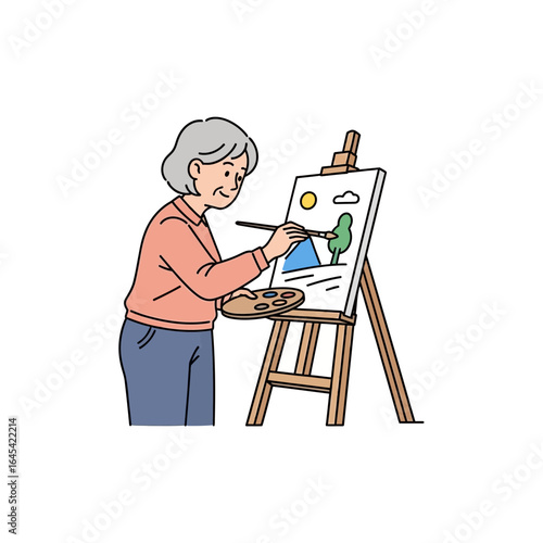 Creative Spirit: A senior artist, immersed in the creative process, paints a landscape on a canvas, using palette and brush to bring the vision to life.