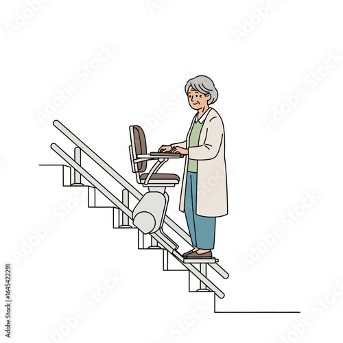 Senior Woman on Stair Lift: An elderly woman safely operates a stair lift, highlighting home accessibility and comfortable living solutions in this conceptual illustration.