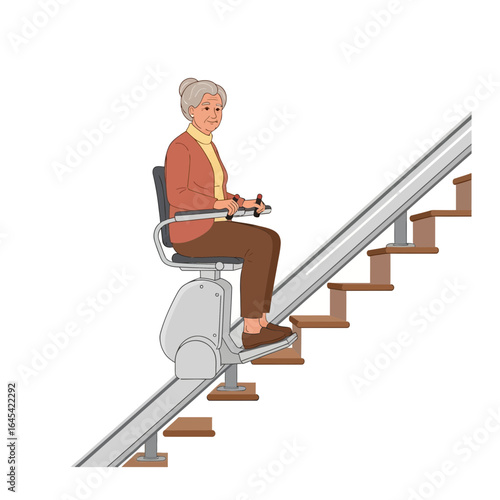 Ascending Comfort: An elderly woman ascends a staircase with ease on a stairlift. Providing an illustrative representation of accessibility and ease.