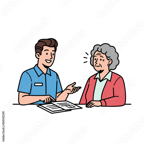 Consultation with Elderly: A helpful younger man and an elderly woman engaged in consultation or discussion. Focused on conveying approachability and reliability in providing support.