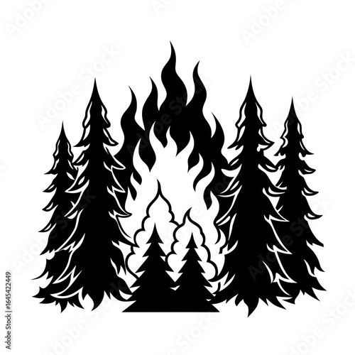 Vector art of forest fire with tall flames engulfing pine trees, representing natures destructive power