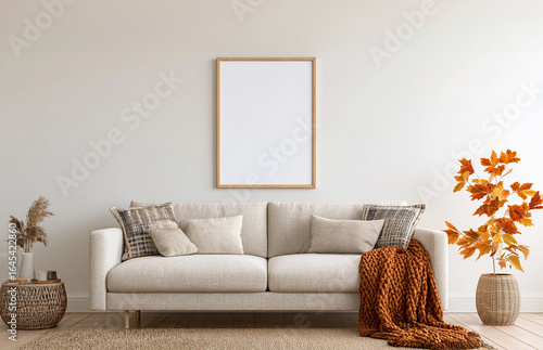 Blank frame for wall art mockup in white living room with neutral tones autumn decor and beige sofa.