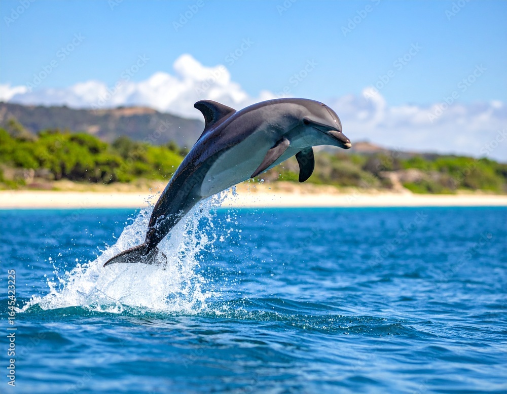 Fototapeta premium Dolphin jumping out of turquoise water, splash frozen mid-air in 4K clarity, tropica