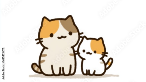 Cute cartoon cats sitting together on white background, parent and kitten bonding.