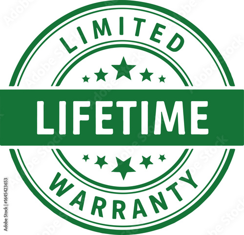 Limited Lifetime Warranty stamp seal icon in green vector graphic on white background