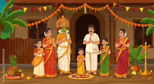 A joyous cartoon depiction of a family celebrating Onam in front of their home