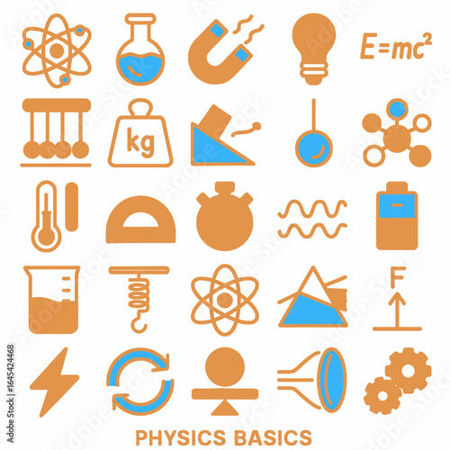 Physics icons depict science concepts experiments equipment studies