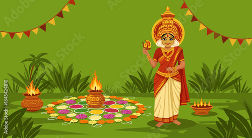 Onam festival illustration with woman, flowers, lamps and hindu celebration elements