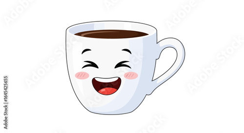 A cheerful and happy coffee cup with a big smile and rosy cheeks is a delightful sight to start your day with a warm beverage.