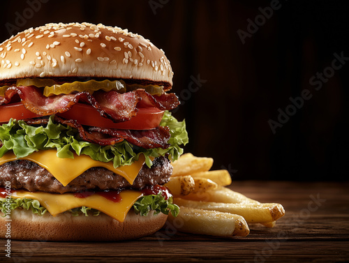 Juicy Gourmet Burger with Bacon, Cheese, Lettuce, Tomato and Crispy French Fries on Rustic Wooden Table Background