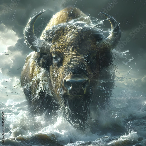 Powerful Bison Emerging from Stormy Water