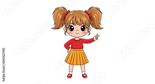 Adorable Cartoon Girl with Big Eyes and Ponytails Wearing a Red Shirt and Yellow Skirt Waving Hello